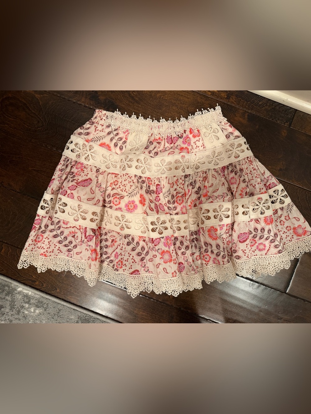 Olivaceous Pink & Cream Floral Lace Tiered Mini Skirt